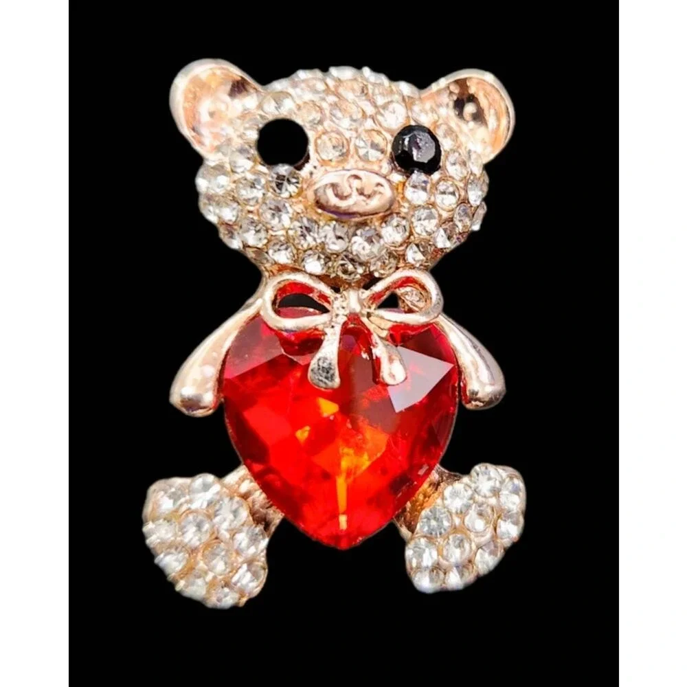 Brooch Rose Gold & Rhinestone Teddy Bear with‎ Red Heart